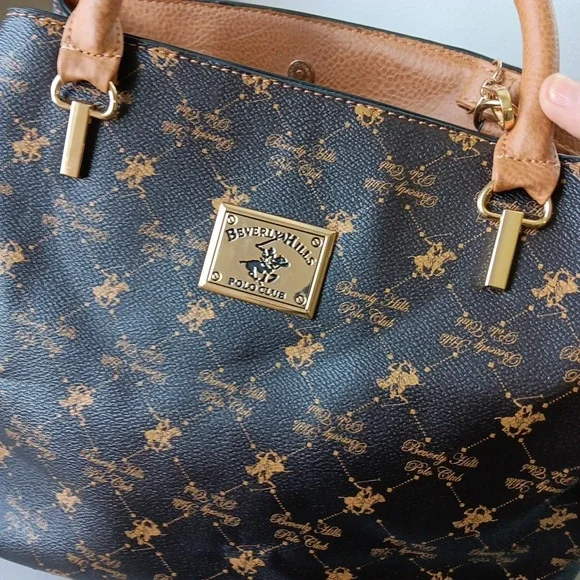 Beverly Hills Polo Crossbody Handbag‎ Brown Tan Faux Leather Preppy Countryside - Picture 7 of 15